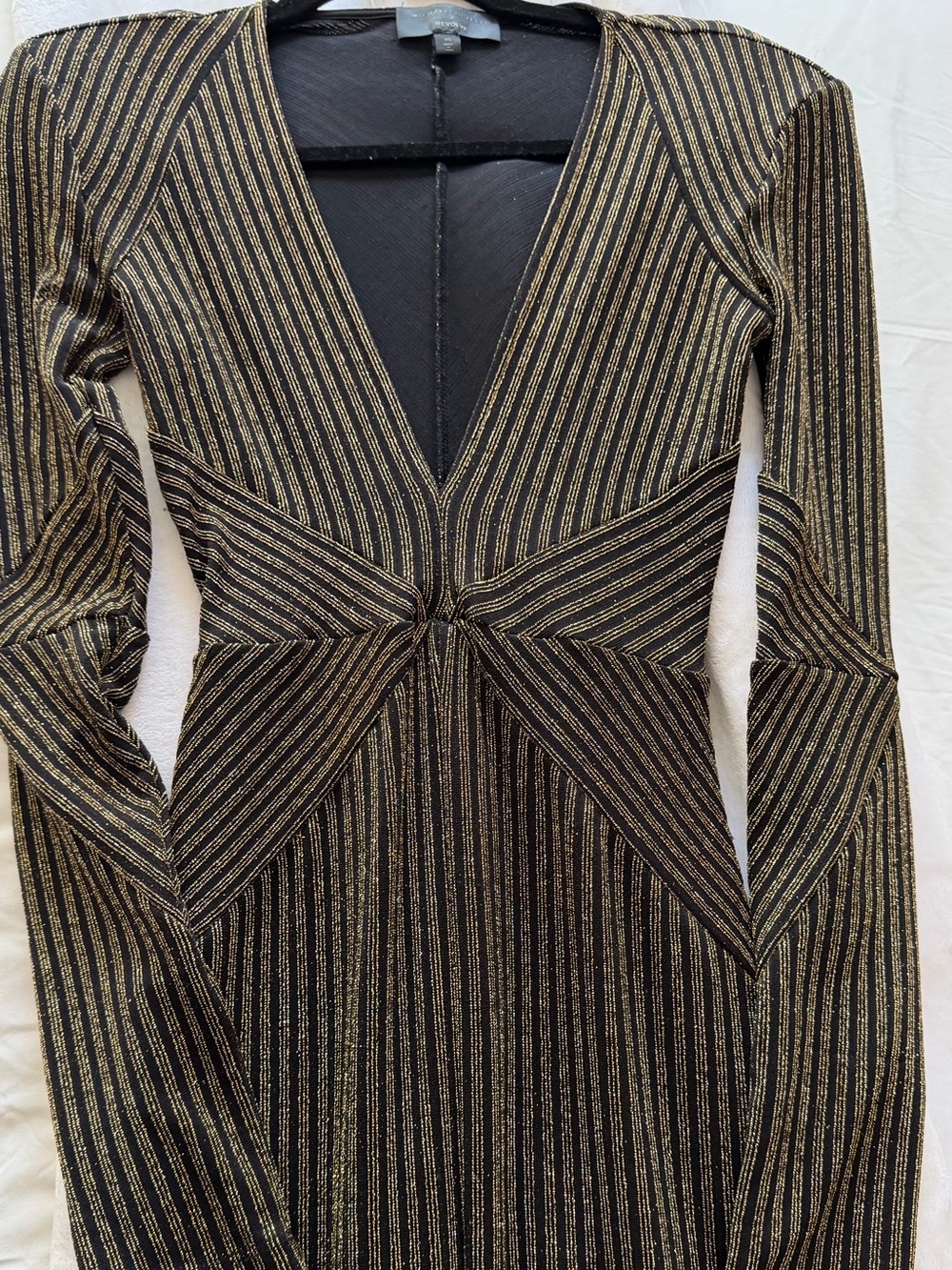 Michael Costello Black and Gold V-Neck Long Sleeve Twist Dress